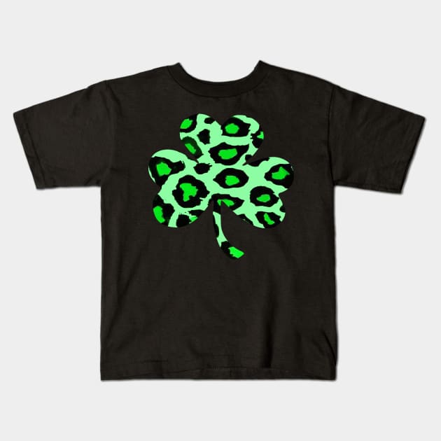 Green Leopard Lucky Clover Kids T-Shirt by DesignOnEarth